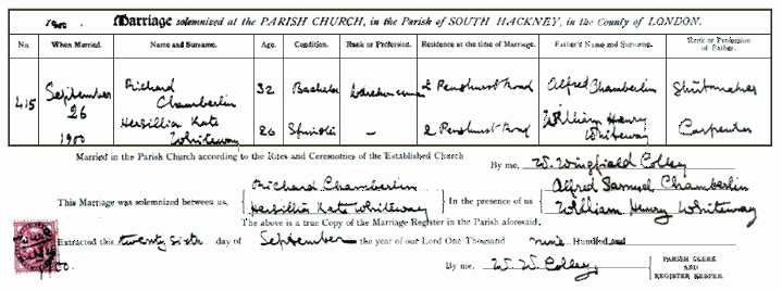 marriage certificate of Kate Whiteway and Richard Chamberlin